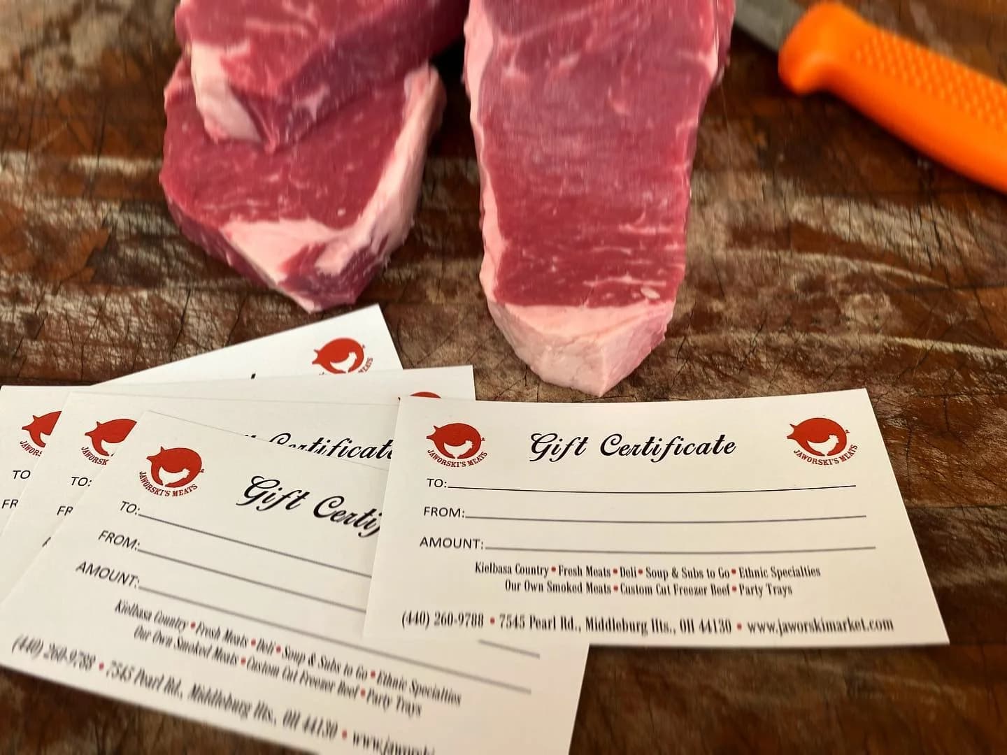 Jaworski Meats gift cards on display, the perfect gift for any occasion